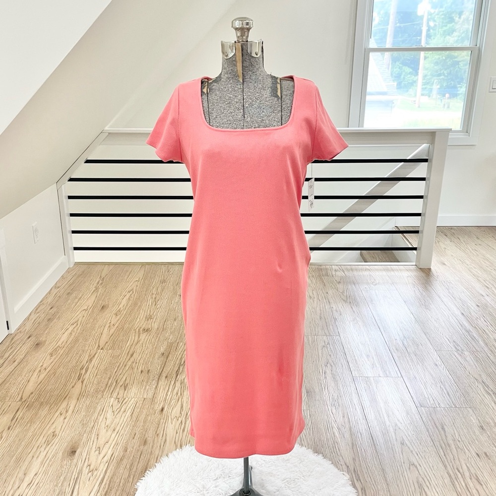 Nine West, coral pink short sleeve, midi dress with back keyhole